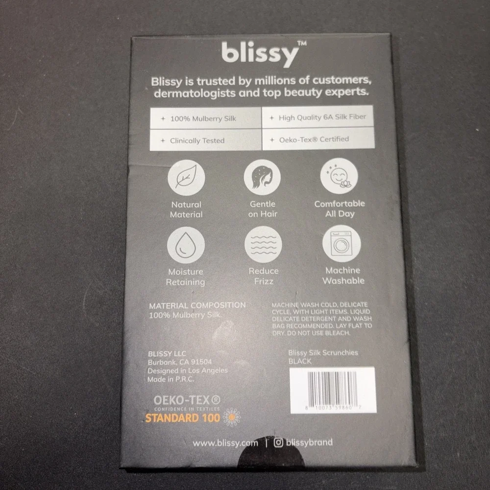 Black Blissy Scrunchies 100% Mulberry Silk Six Pack 20766